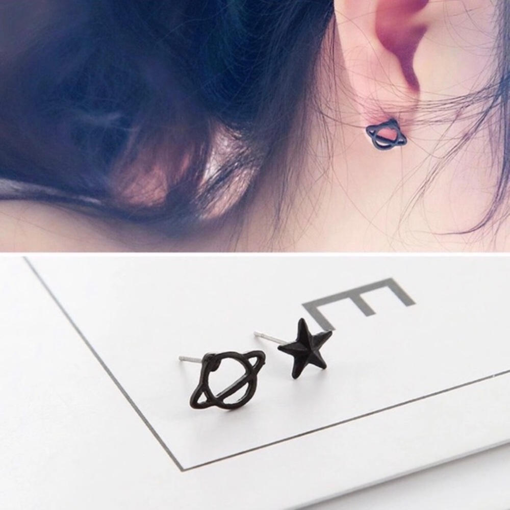 NEW!💎💙💎STAR🤩SATURN! BLACK ASYMMETRIC EARRINGS - Picture 3 of 6
